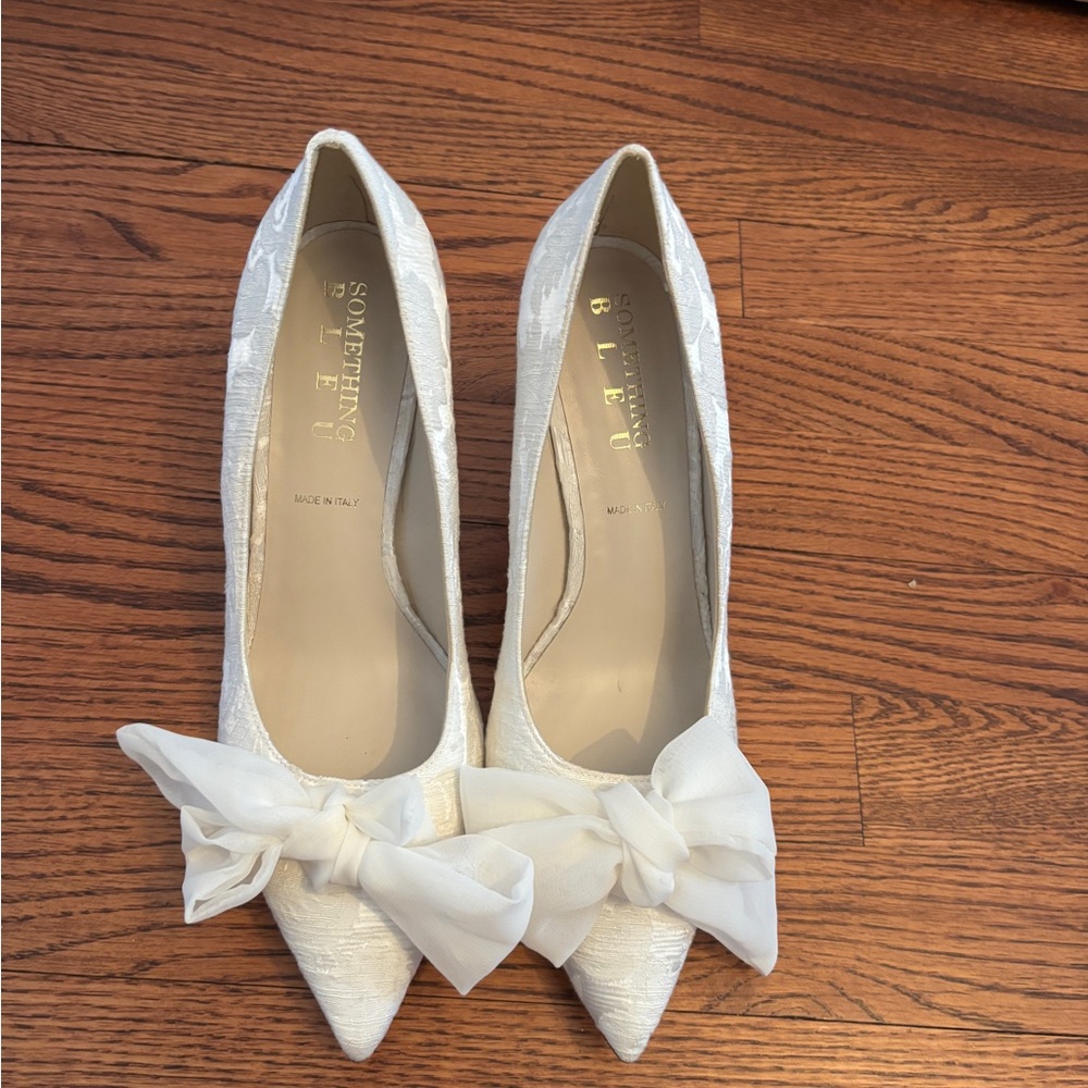 Something Bleu Bridal White Heels with Bow